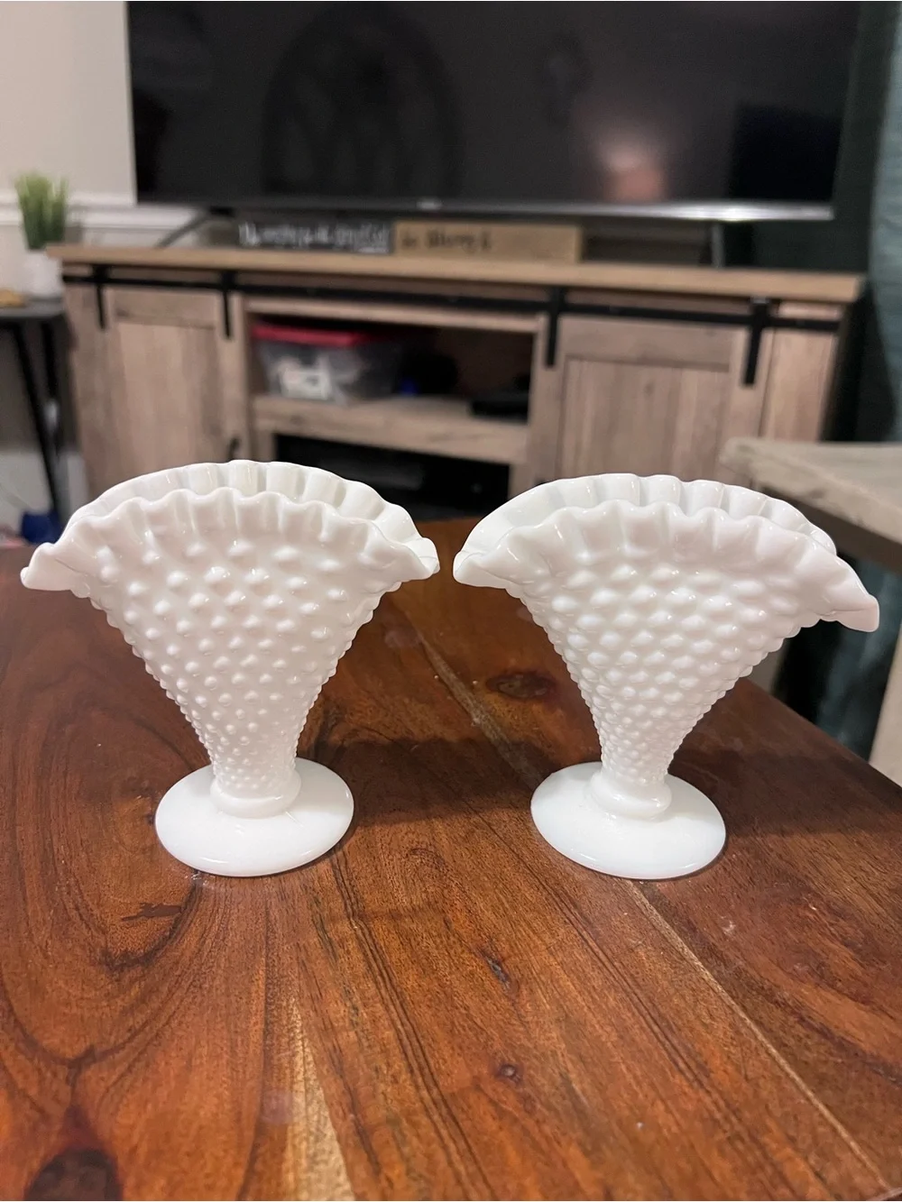 Vintage Fenton Milk Glass Hobnail Fan Vases Ruffled Pair